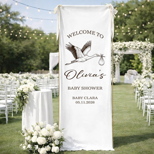 Baby Shower Welcome Sign Fabric Banner, Stork Baby Shower Decor, Personalized Baby Shower Sign, Neutral Baby Shower Welcome Banner