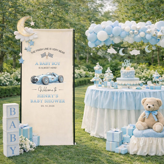 Car Baby Shower Banner, A Baby Boy Is Almost Here Finish Line Theme Sign, Personalized Baby Shower Welcome Banner, Racing Baby Decor