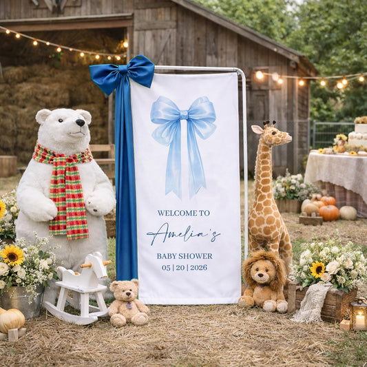 Blue Bow Baby Shower Banner, Personalized Baby Girl Shower Welcome Sign, Elegant Bow Theme Baby Shower Backdrop, Custom Baby Shower Decor