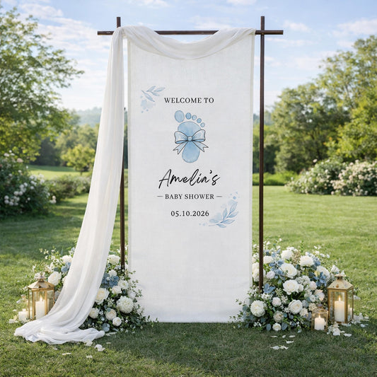 Baby Footprint Baby Shower Banner, Personalized Baby Girl Shower Welcome Sign, Elegant Baby Shower Backdrop, Custom Baby Shower Decor
