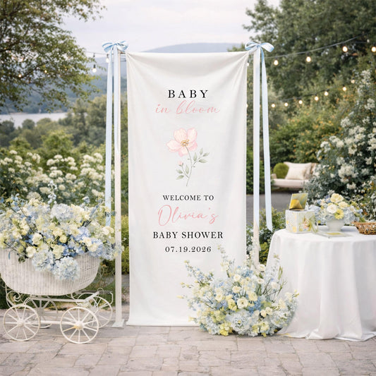 Baby in Bloom Baby Shower Welcome Sign, Personalized Floral Baby Shower Backdrop, Custom Girl Baby Shower Banner Garden Party Decor