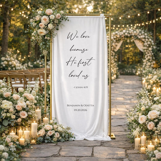 Bible Verse Wedding Sign Fabric Banner, Christian Wedding Decor, Personalized Scripture Linen Ceremony Reception Backdrop