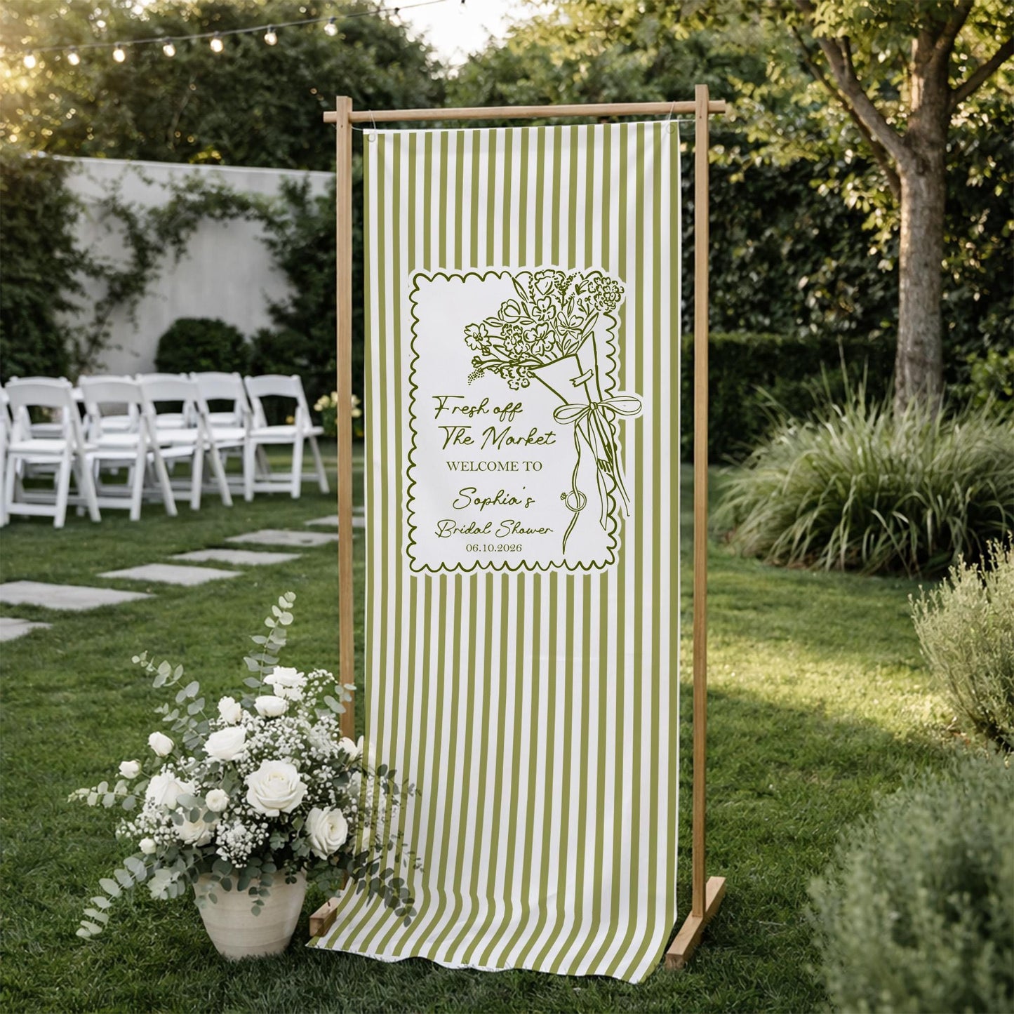 Bridal Shower Welcome Sign Template, Green Stripe Floral Bridal Shower Sign, Fresh Off The Market Theme, Editable Wedding Shower Decor