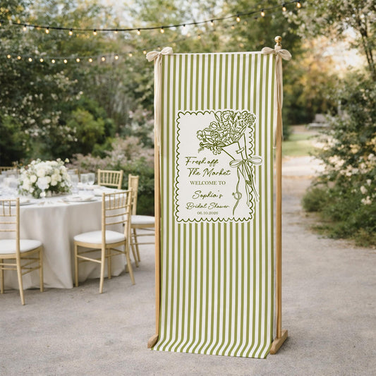 Bridal Shower Welcome Sign Template, Green Stripe Floral Bridal Shower Sign, Fresh Off The Market Theme, Editable Wedding Shower Decor