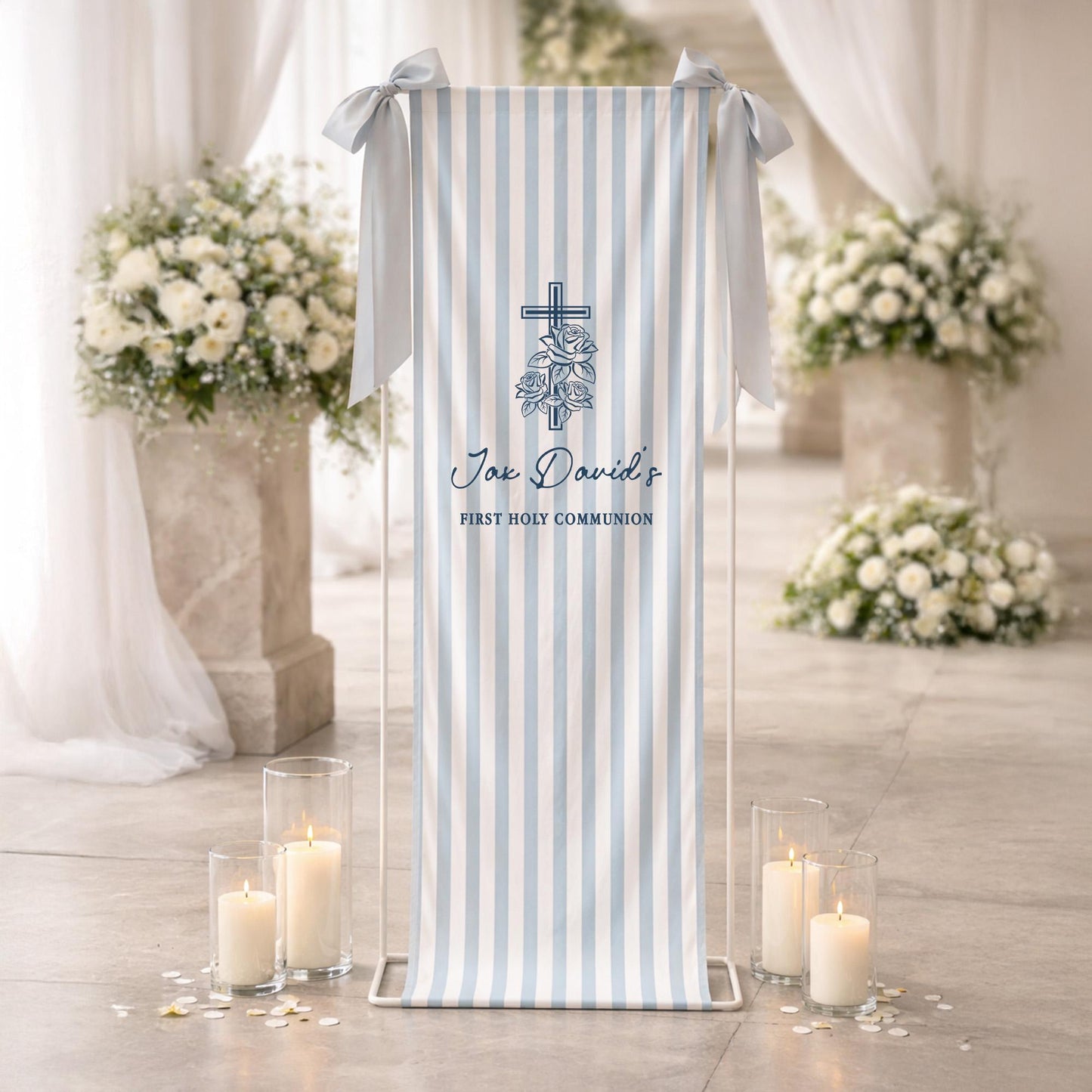 Personalized First Holy Communion Banner, Linen Fabric Sign, Custom Name Christening Baptism Decor, Blue Striped Church Welcome Sign