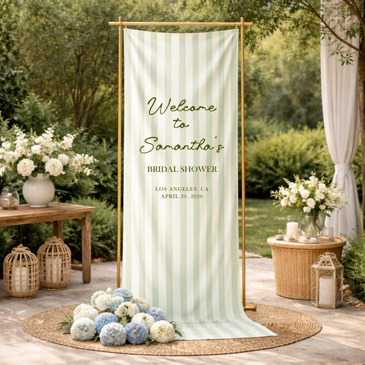 Bridal Shower Welcome Sign Green Stripe Banner, Custom Name Bridal Shower Sign, Garden Party Wedding Shower Decor, Elegant Bride to Be Sign