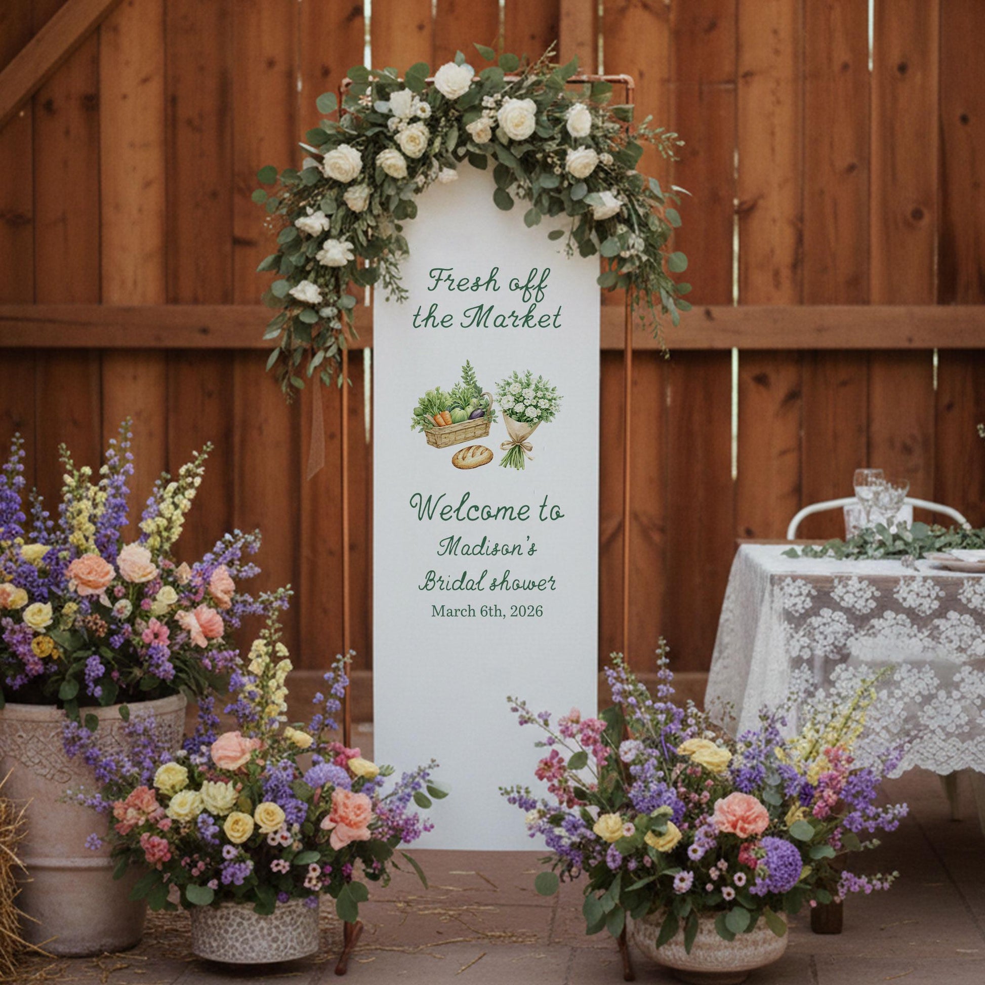 Bridal Shower Welcome Sign Fabric Banner, Personalized Bridal Shower Decor, Fresh Off the Market Theme, Custom Welcome Sign