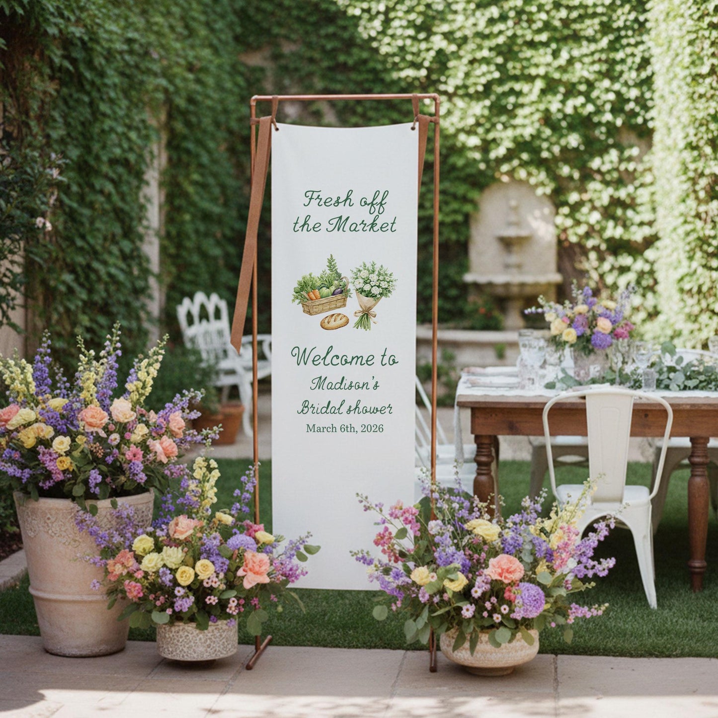 Bridal Shower Welcome Sign Fabric Banner, Personalized Bridal Shower Decor, Fresh Off the Market Theme, Custom Welcome Sign
