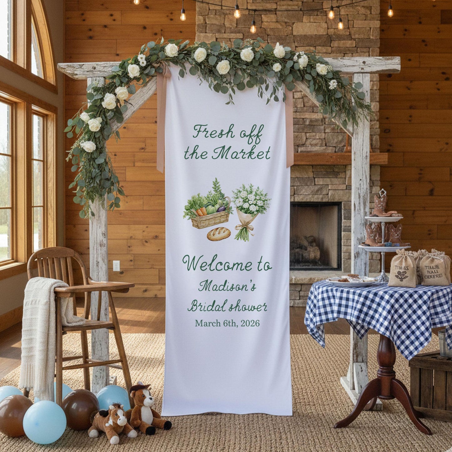 Bridal Shower Welcome Sign Fabric Banner, Personalized Bridal Shower Decor, Fresh Off the Market Theme, Custom Welcome Sign