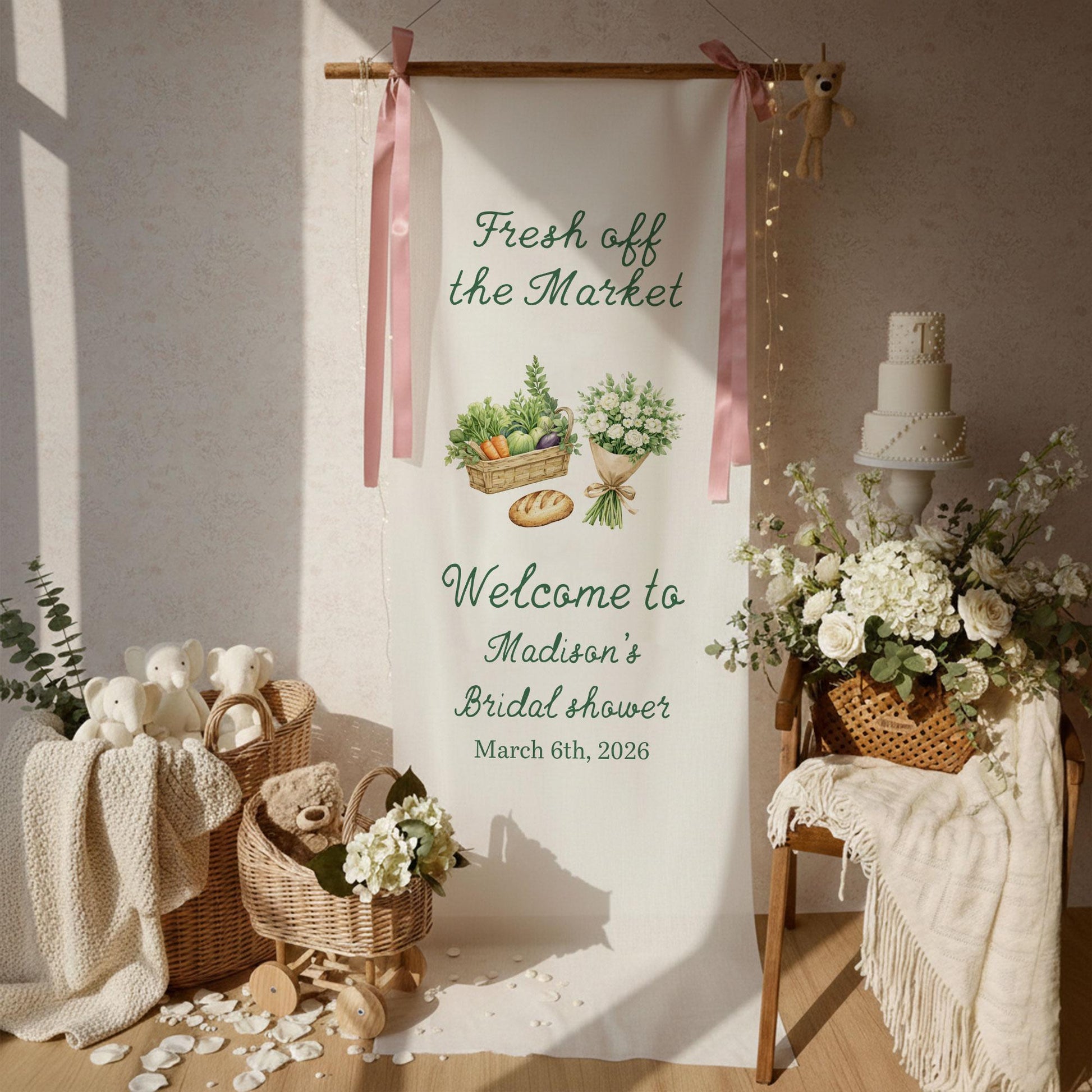Bridal Shower Welcome Sign Fabric Banner, Personalized Bridal Shower Decor, Fresh Off the Market Theme, Custom Welcome Sign
