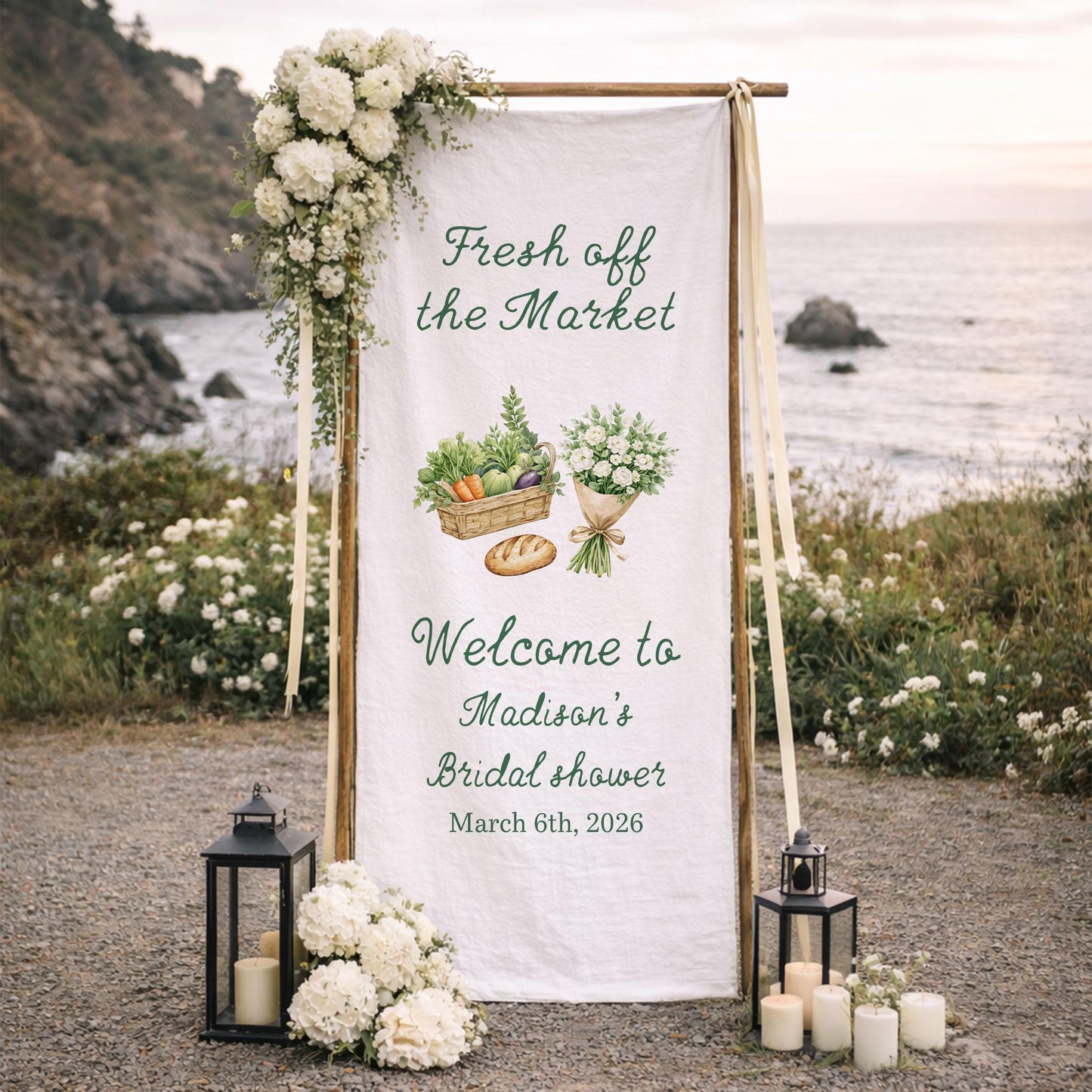 Bridal Shower Welcome Sign Fabric Banner, Personalized Bridal Shower Decor, Fresh Off the Market Theme, Custom Welcome Sign