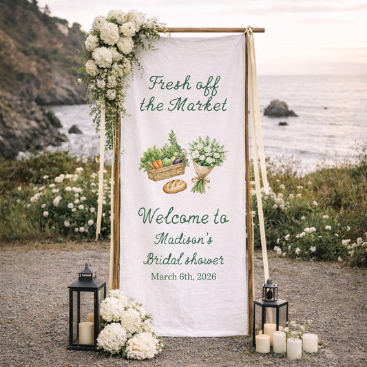 Bridal Shower Welcome Sign Fabric Banner, Personalized Bridal Shower Decor, Fresh Off the Market Theme, Custom Welcome Sign