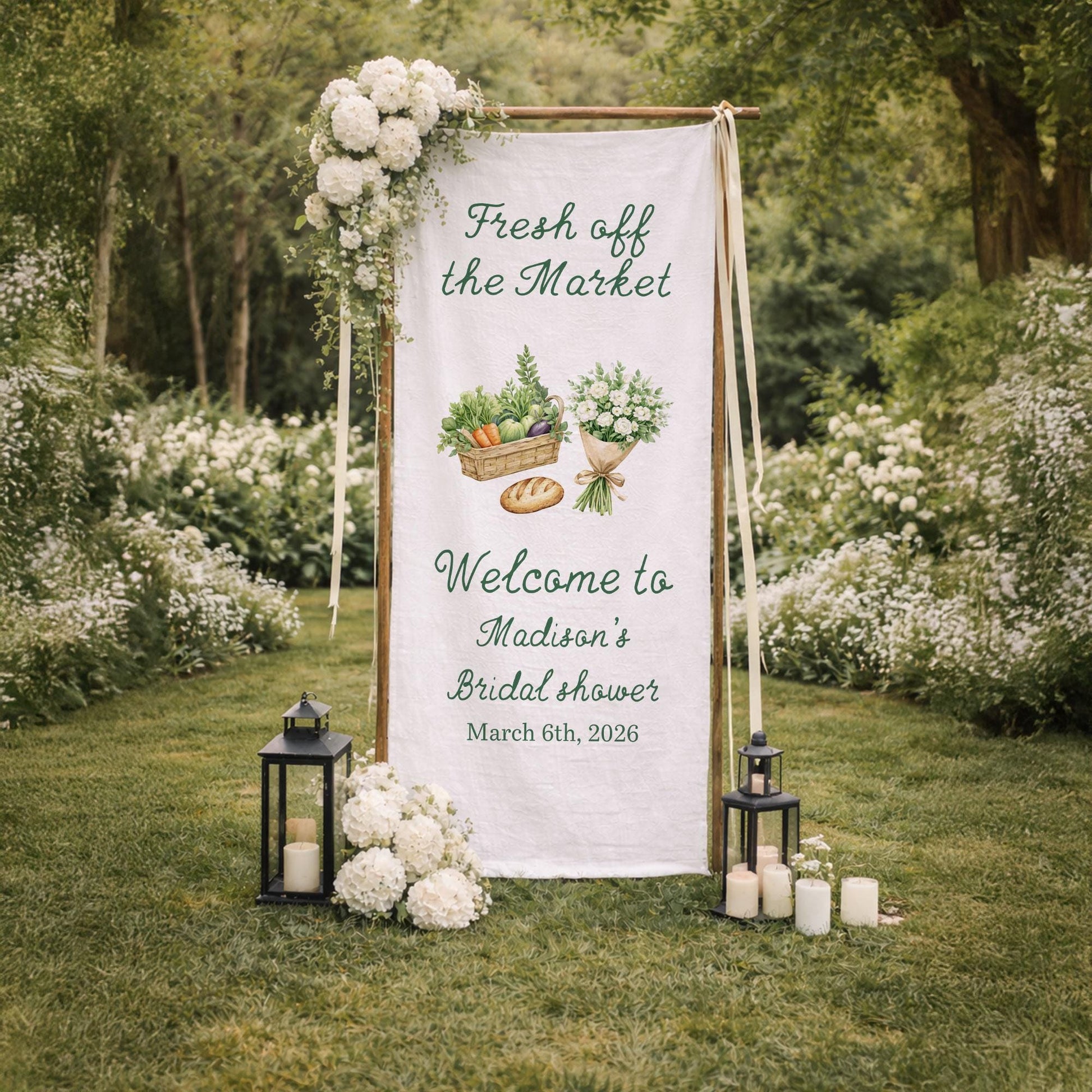 Bridal Shower Welcome Sign Fabric Banner, Personalized Bridal Shower Decor, Fresh Off the Market Theme, Custom Welcome Sign