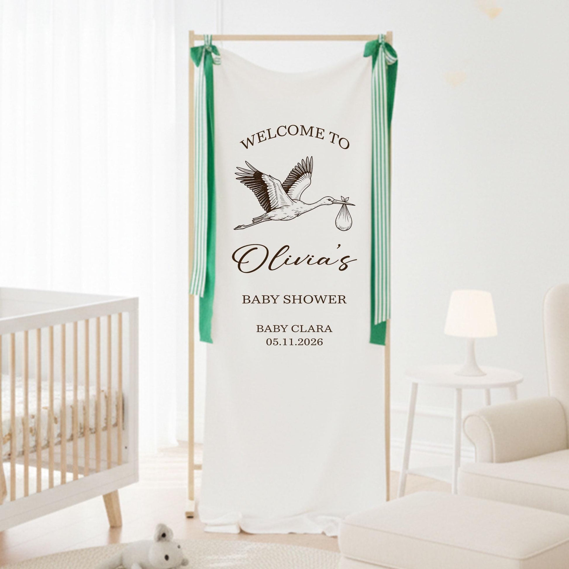 Baby Shower Welcome Sign Fabric Banner, Stork Baby Shower Decor, Personalized Baby Shower Sign, Neutral Baby Shower Welcome Banner