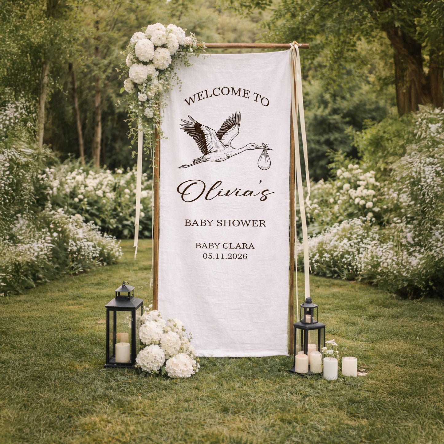 Baby Shower Welcome Sign Fabric Banner, Stork Baby Shower Decor, Personalized Baby Shower Sign, Neutral Baby Shower Welcome Banner