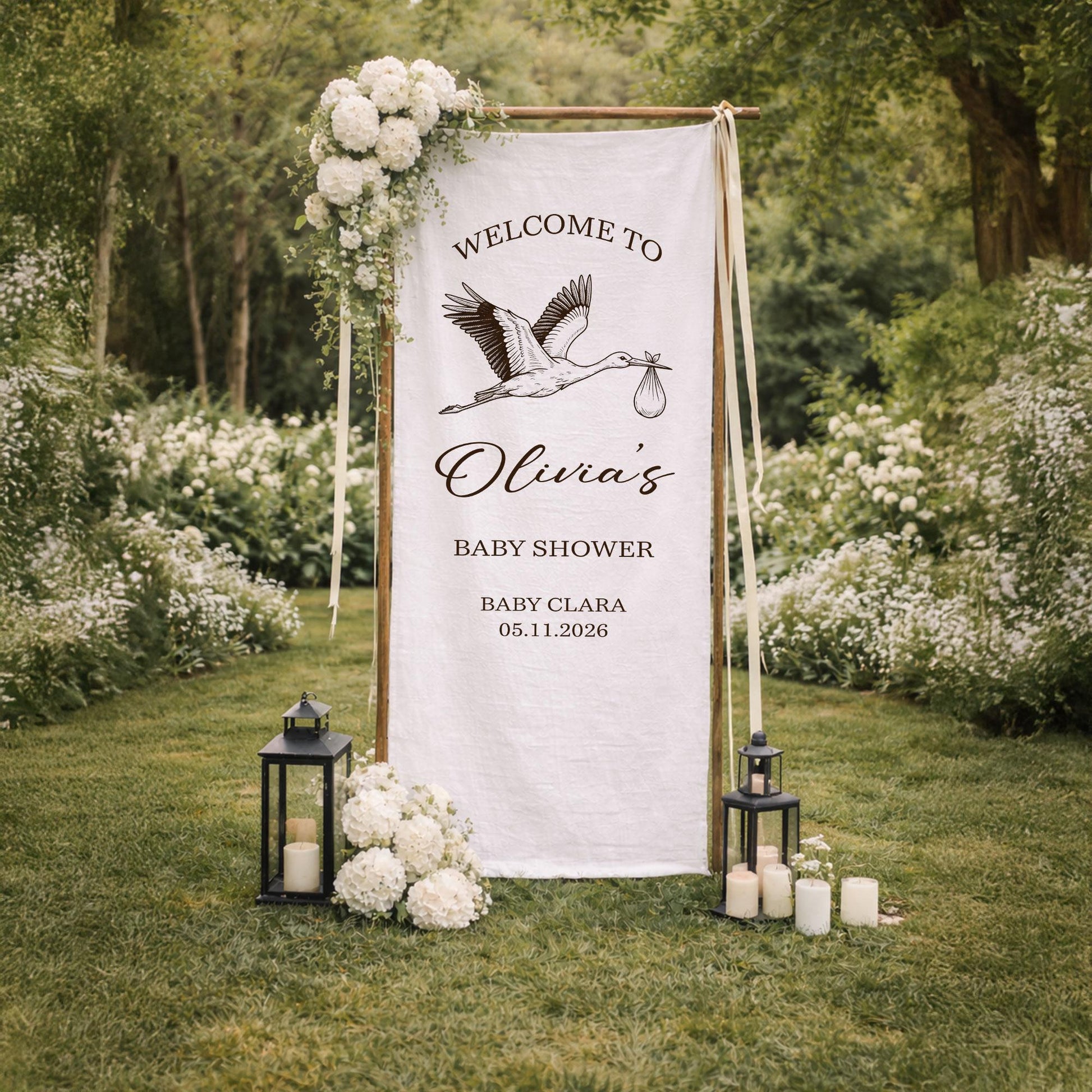Baby Shower Welcome Sign Fabric Banner, Stork Baby Shower Decor, Personalized Baby Shower Sign, Neutral Baby Shower Welcome Banner