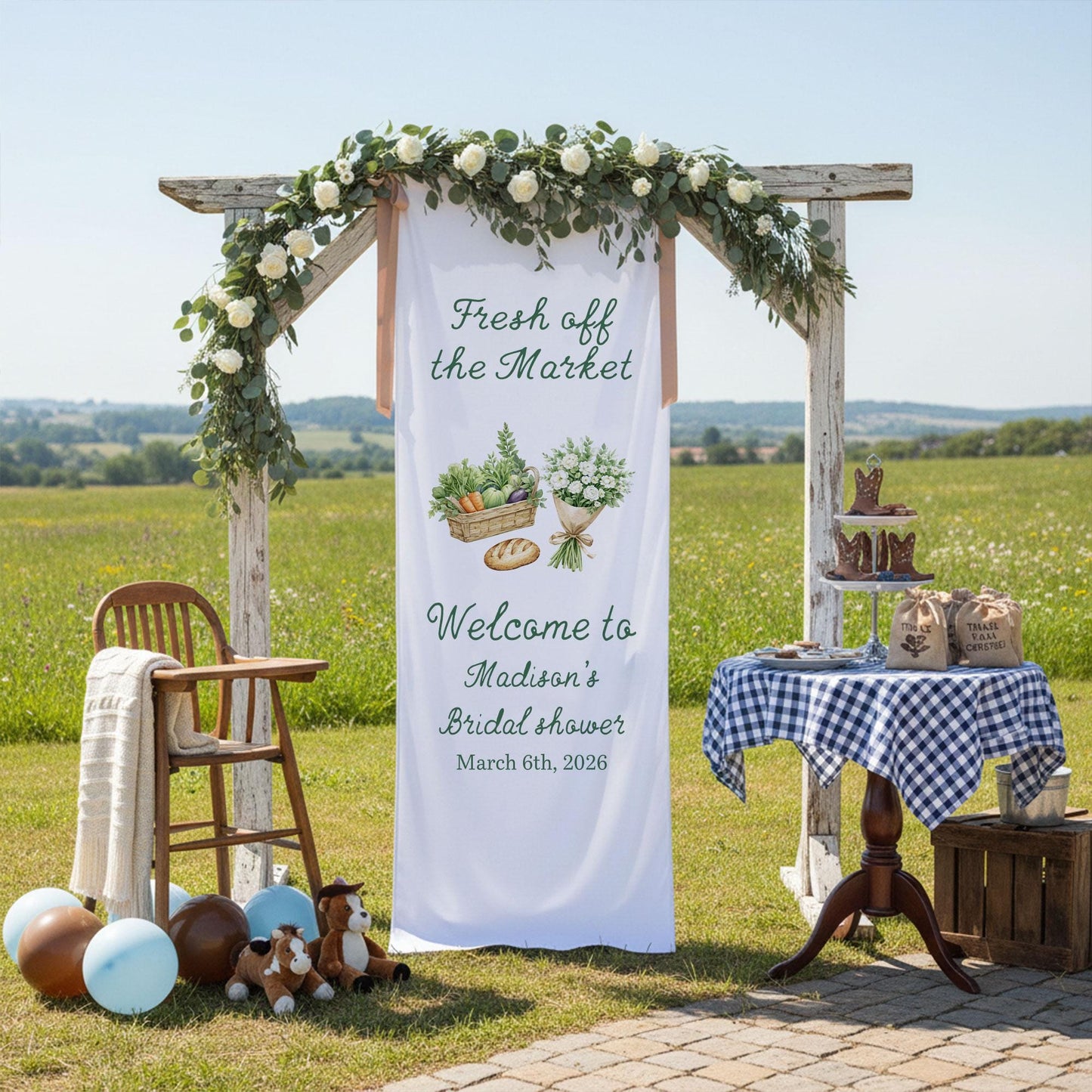Bridal Shower Welcome Sign Fabric Banner, Personalized Bridal Shower Decor, Fresh Off the Market Theme, Custom Welcome Sign