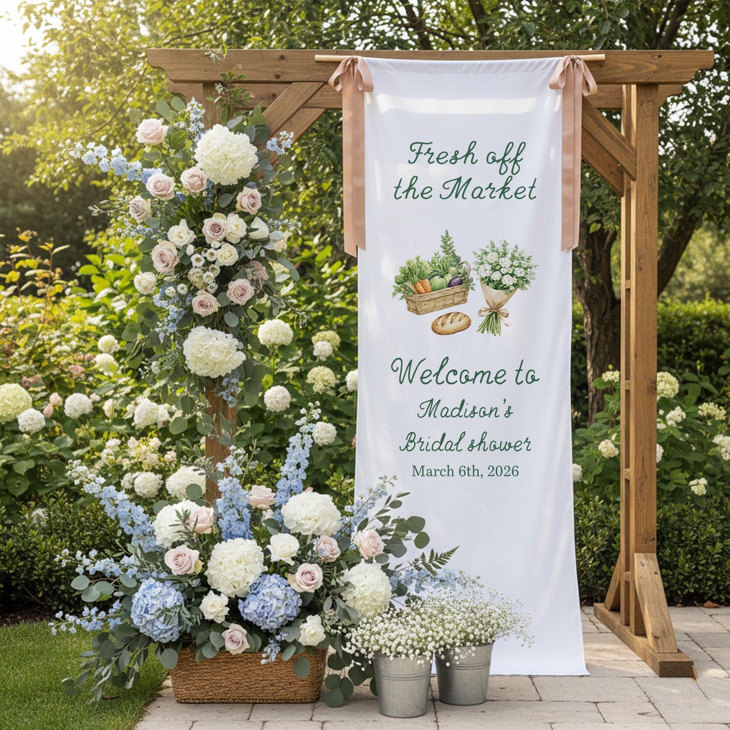 Bridal Shower Welcome Sign Fabric Banner, Personalized Bridal Shower Decor, Fresh Off the Market Theme, Custom Welcome Sign