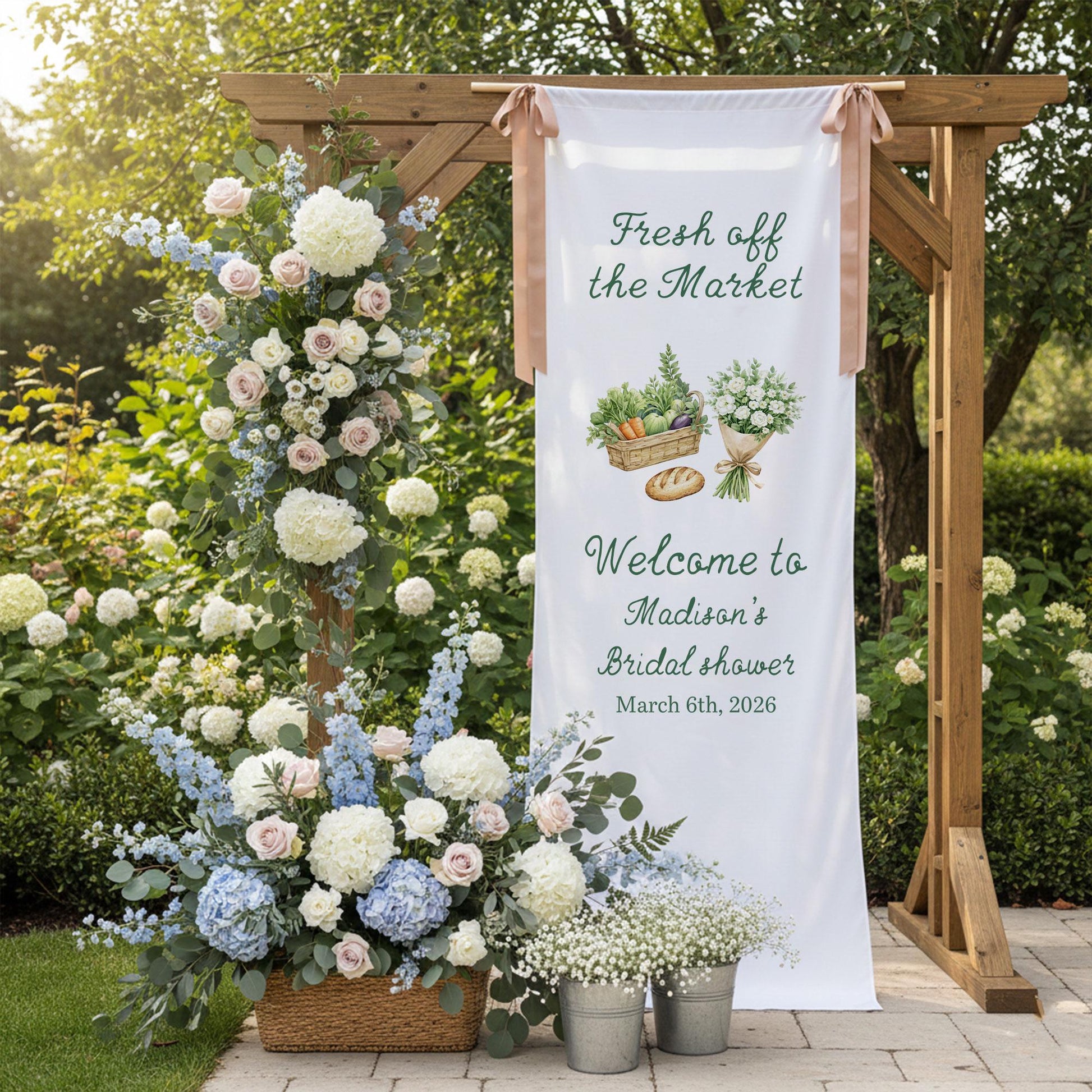 Bridal Shower Welcome Sign Fabric Banner, Personalized Bridal Shower Decor, Fresh Off the Market Theme, Custom Welcome Sign