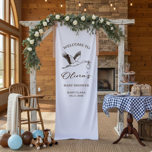 Baby Shower Welcome Sign Fabric Banner, Stork Baby Shower Decor, Personalized Baby Shower Sign, Neutral Baby Shower Welcome Banner