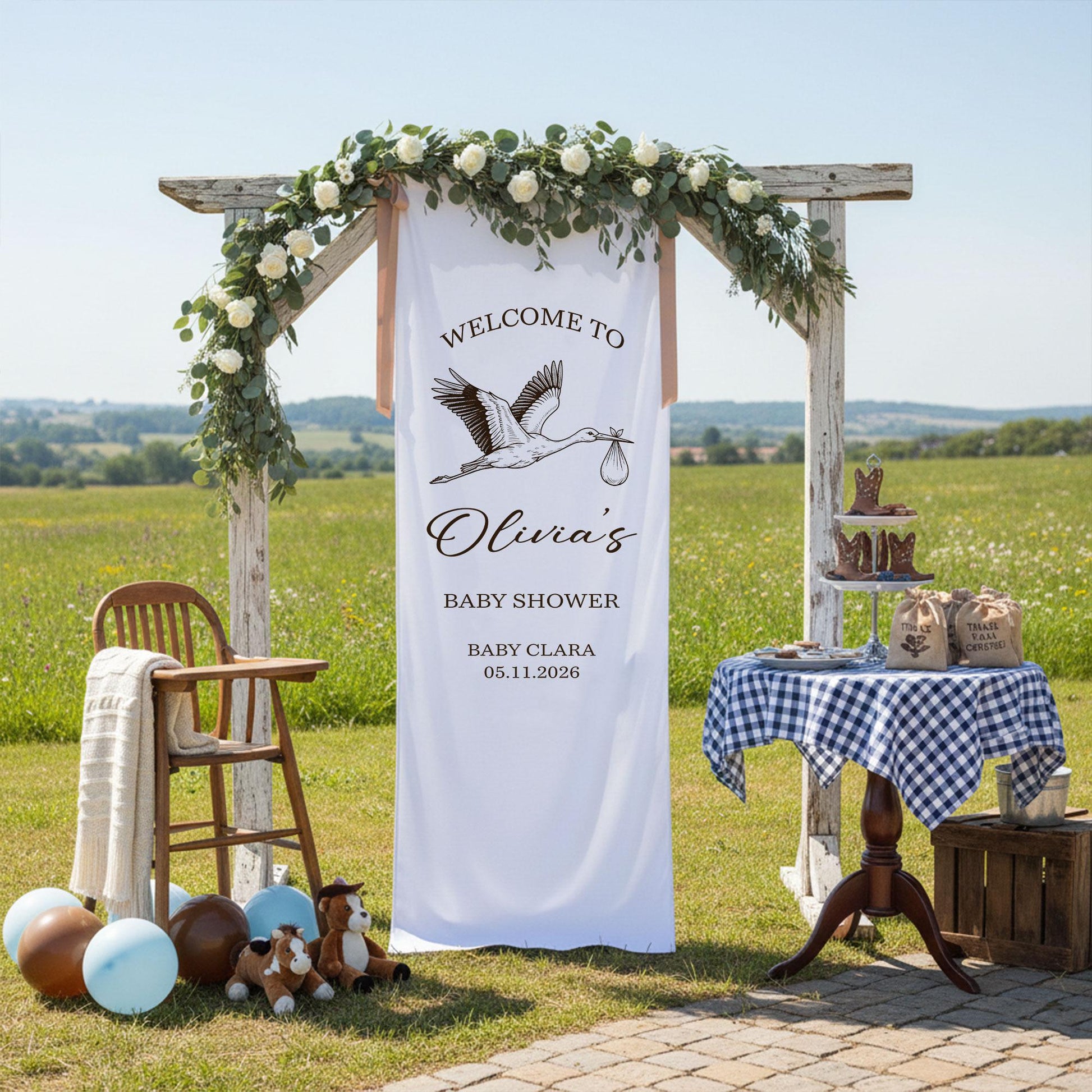 Baby Shower Welcome Sign Fabric Banner, Stork Baby Shower Decor, Personalized Baby Shower Sign, Neutral Baby Shower Welcome Banner