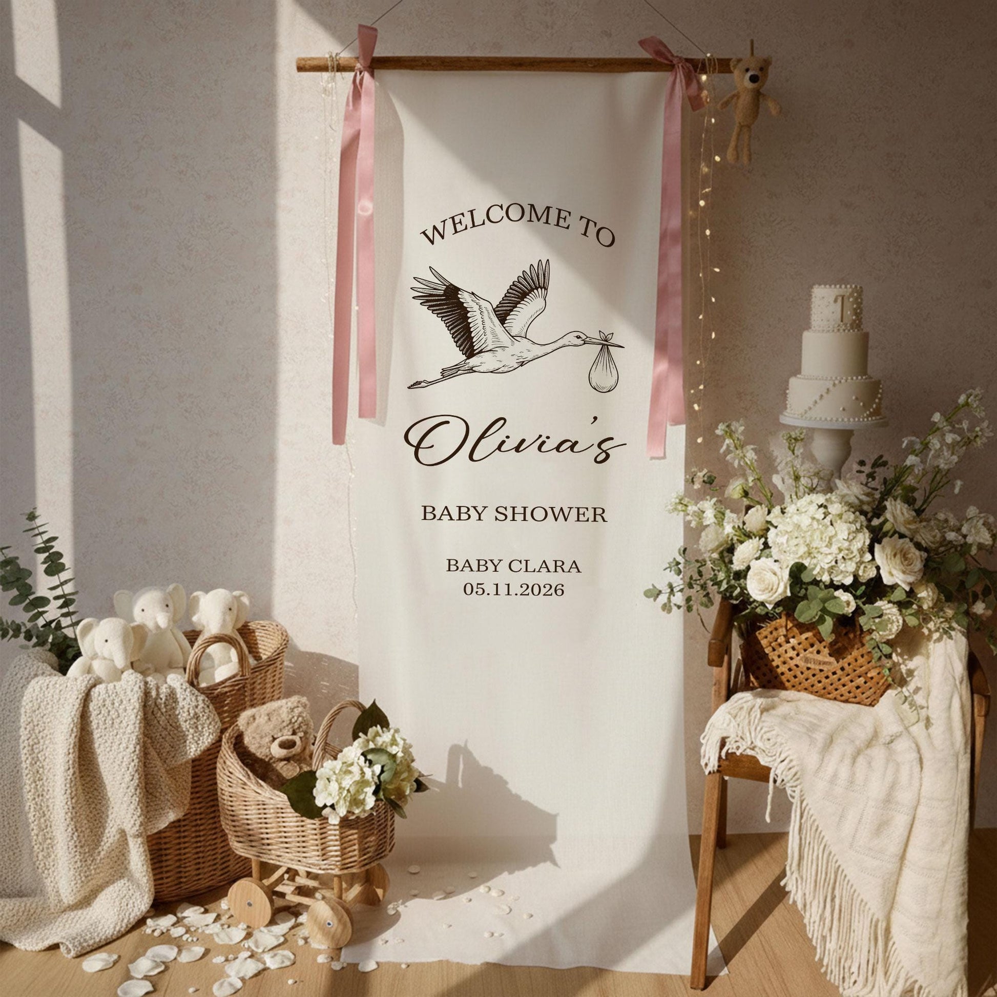 Baby Shower Welcome Sign Fabric Banner, Stork Baby Shower Decor, Personalized Baby Shower Sign, Neutral Baby Shower Welcome Banner