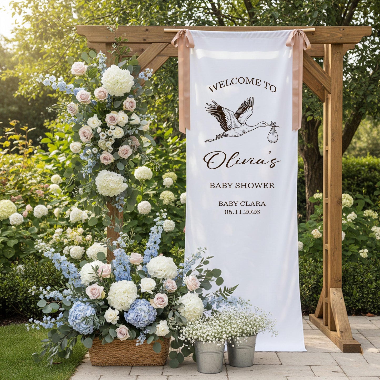 Baby Shower Welcome Sign Fabric Banner, Stork Baby Shower Decor, Personalized Baby Shower Sign, Neutral Baby Shower Welcome Banner