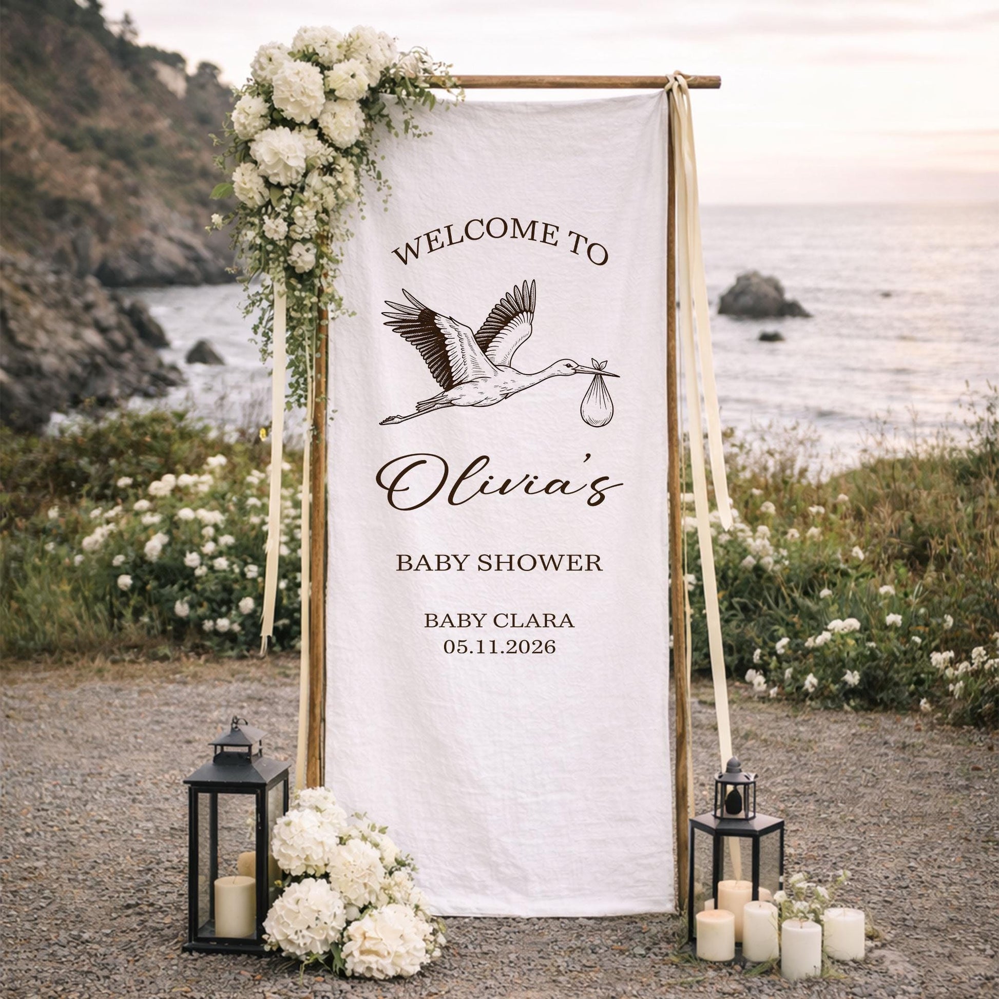 Baby Shower Welcome Sign Fabric Banner, Stork Baby Shower Decor, Personalized Baby Shower Sign, Neutral Baby Shower Welcome Banner