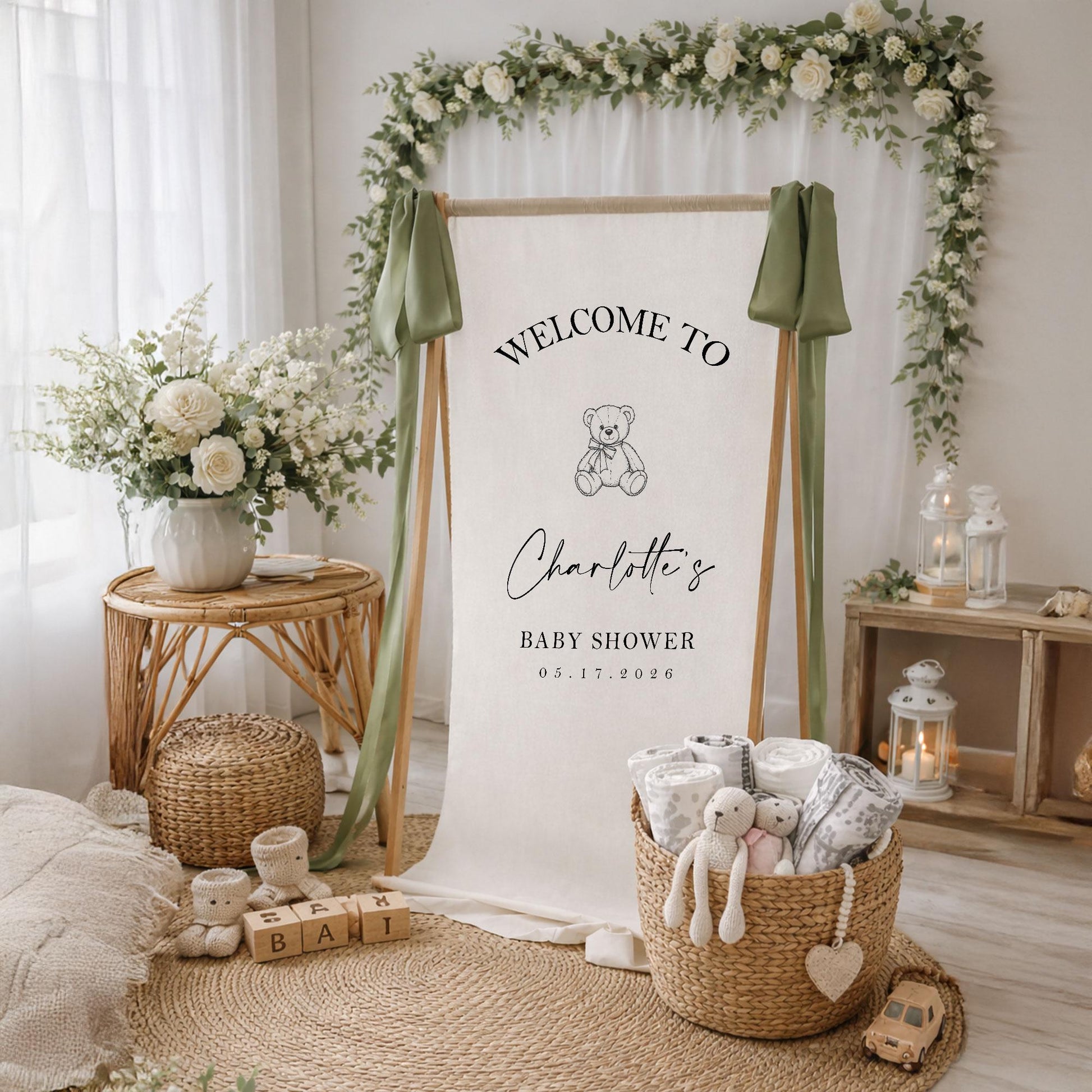 Personalized Baby Shower Welcome Sign, Custom Girl Baby Shower Banner Backdrop, Neutral Garden Party Decor