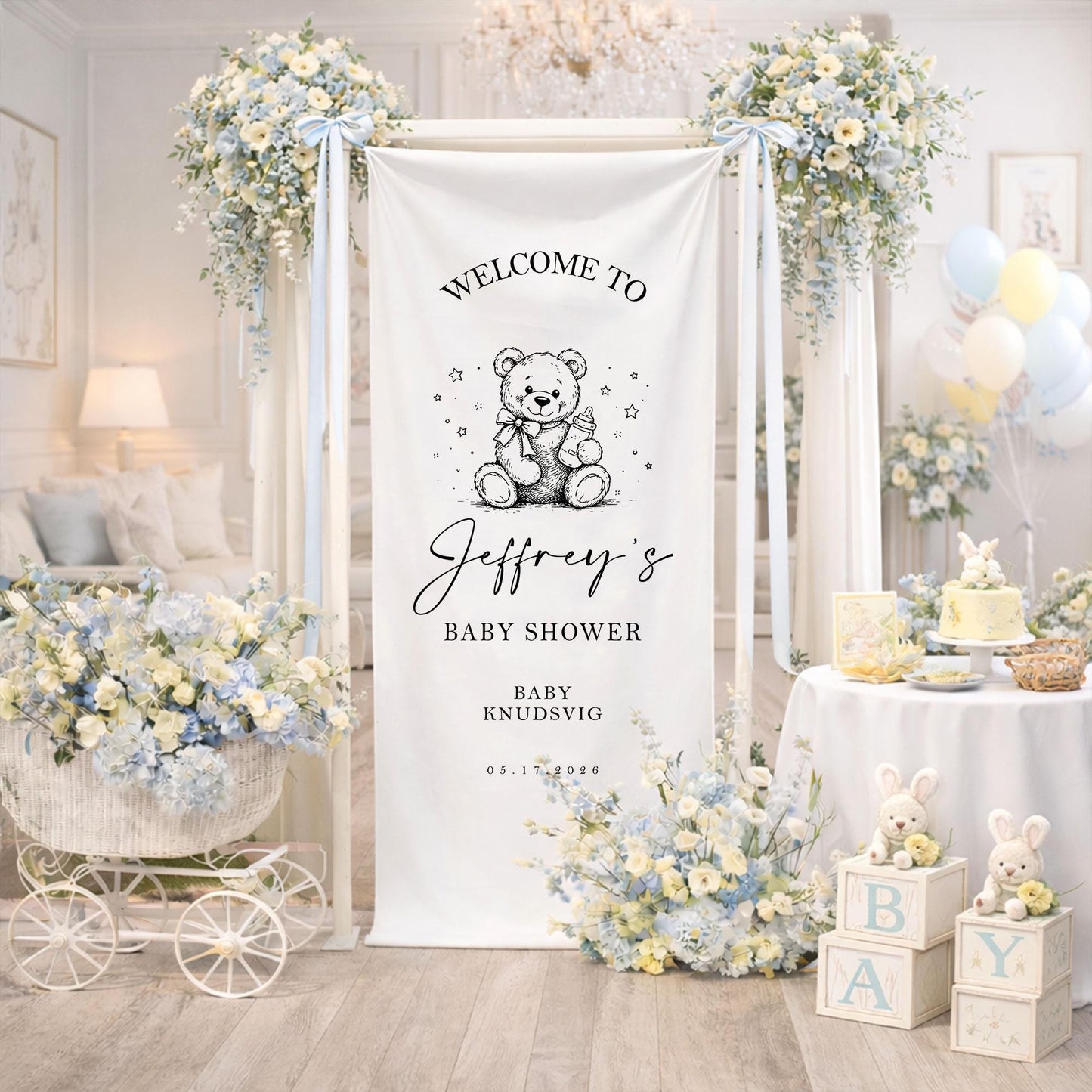 Personalized Baby Shower Welcome Sign Boy, Custom Baby Name Banner Backdrop, Neutral Garden Baby Shower Decor, Baby Shower Decor