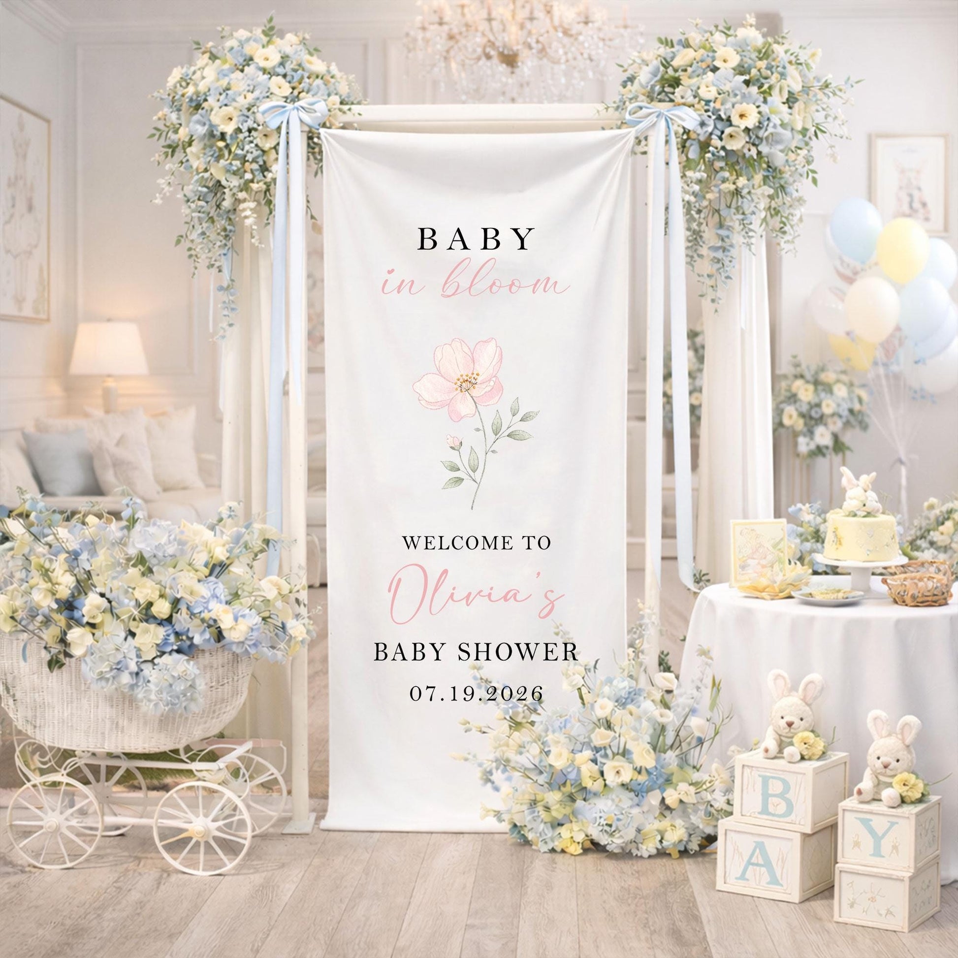 Baby in Bloom Baby Shower Welcome Sign, Personalized Floral Baby Shower Backdrop, Custom Girl Baby Shower Banner Garden Party Decor