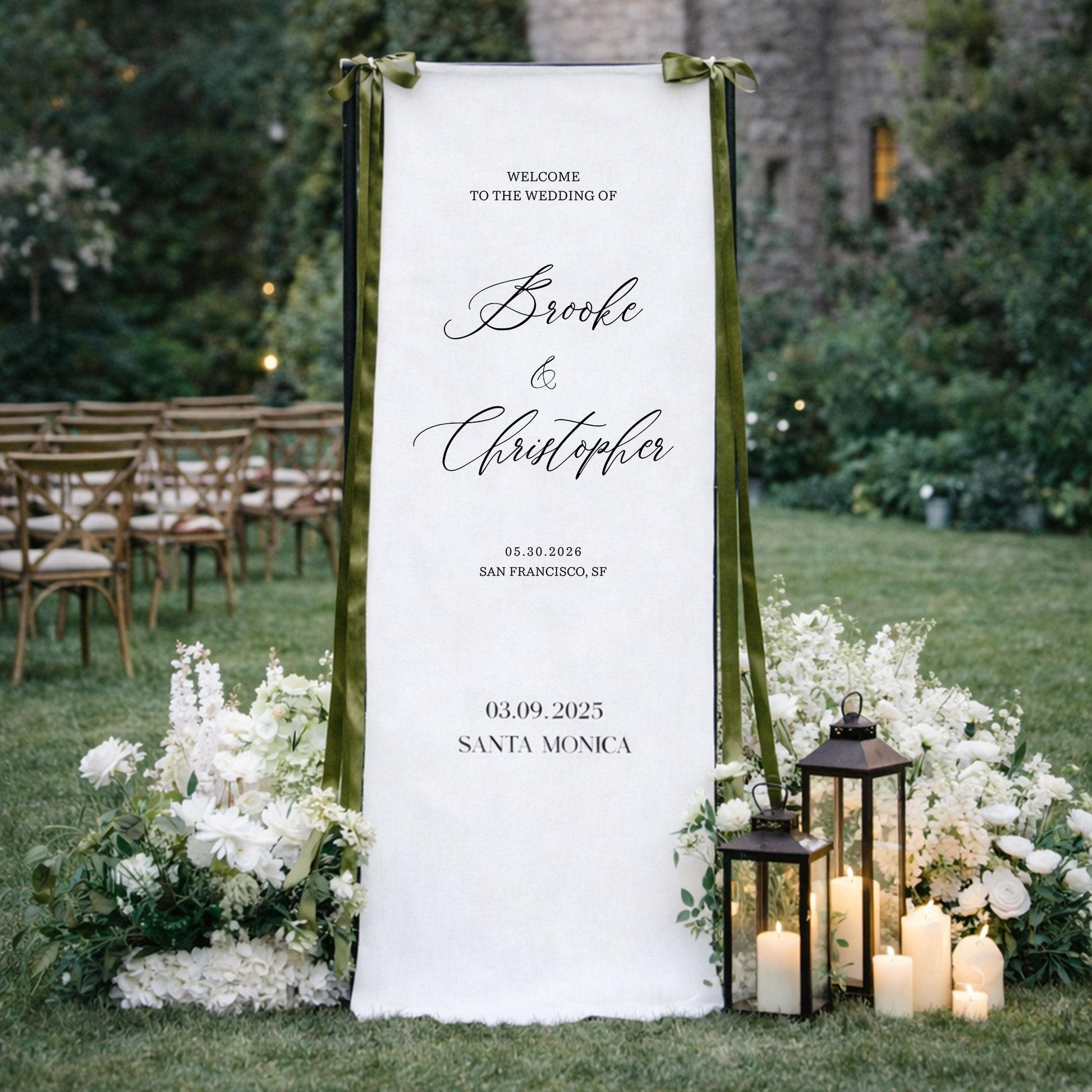 Beach Wedding Welcome Sign Fabric Banner, Personalized Wedding Backdrop for Outdoor Ceremony Entrance Decor