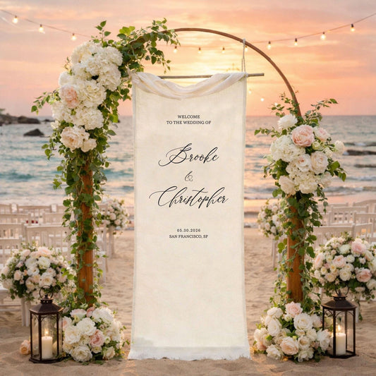 Beach Wedding Welcome Sign Fabric Banner, Personalized Wedding Backdrop for Outdoor Ceremony Entrance Decor
