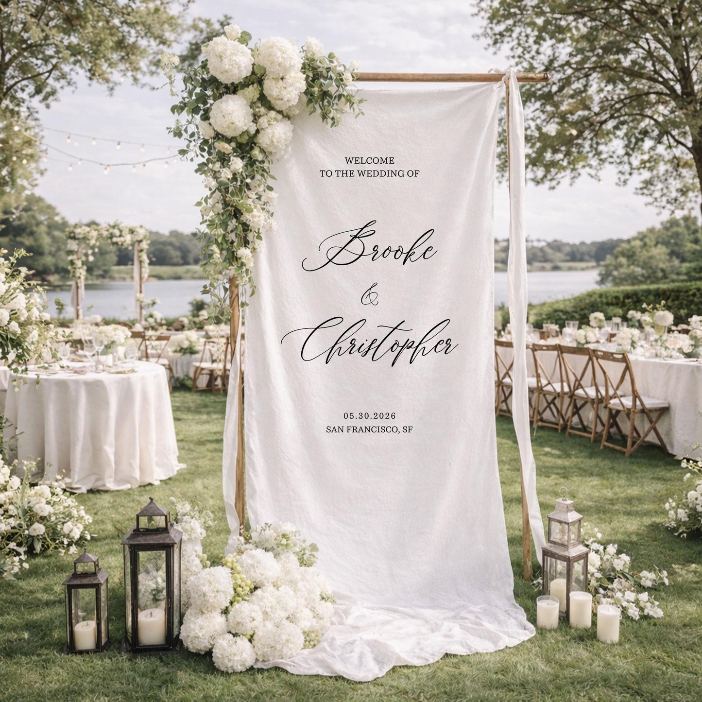 Beach Wedding Welcome Sign Fabric Banner, Personalized Wedding Backdrop for Outdoor Ceremony Entrance Decor