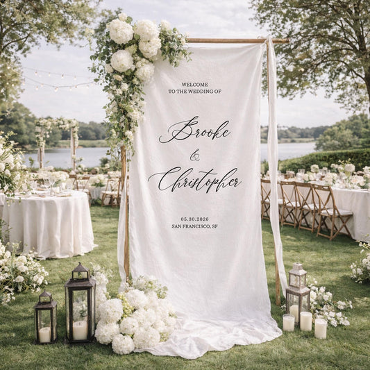 Beach Wedding Welcome Sign Fabric Banner, Personalized Wedding Backdrop for Outdoor Ceremony Entrance Decor