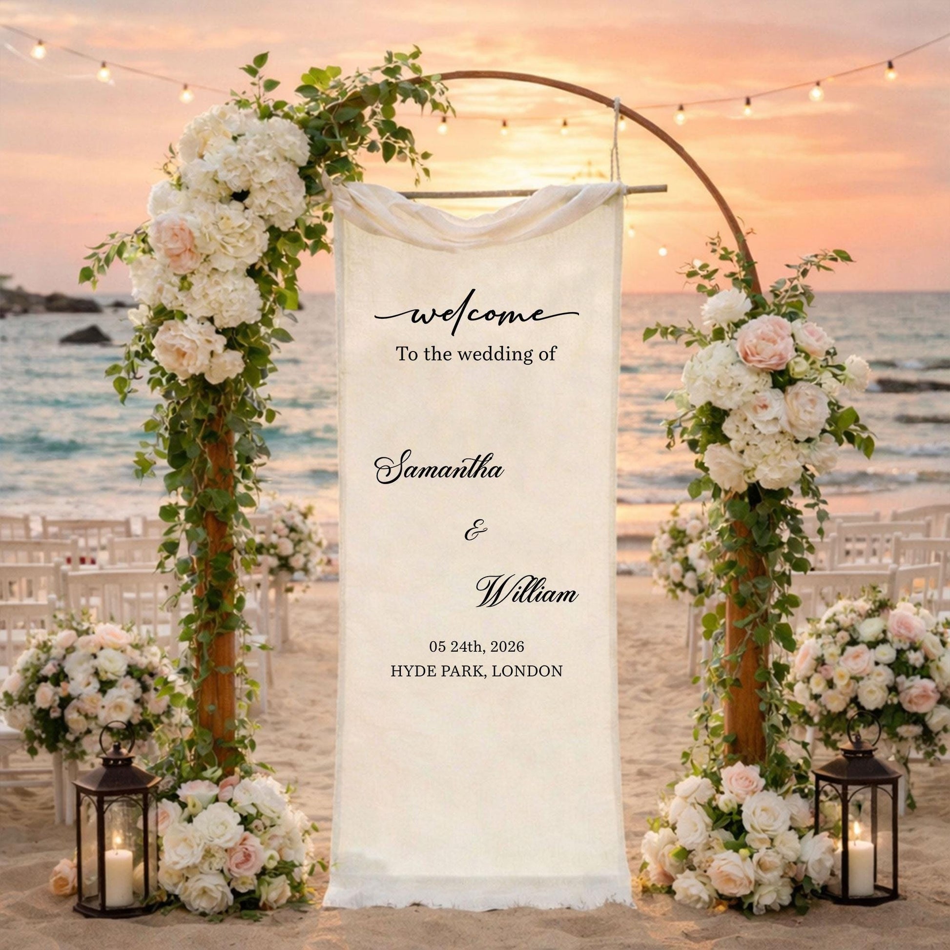 Wedding Welcome Sign Fabric Banner, Personalized Outdoor Garden Wedding Backdrop for Ceremony Entrance Decor