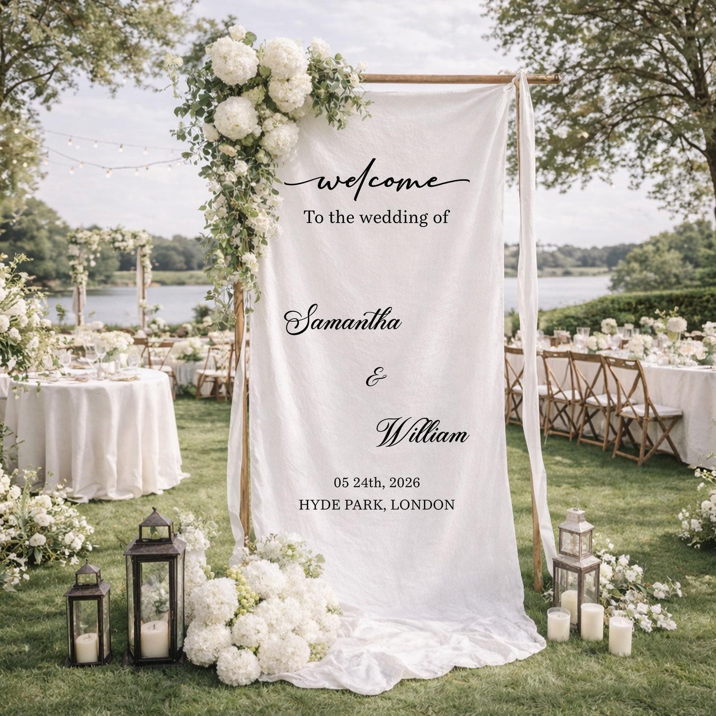 Wedding Welcome Sign Fabric Banner, Personalized Outdoor Garden Wedding Backdrop for Ceremony Entrance Decor