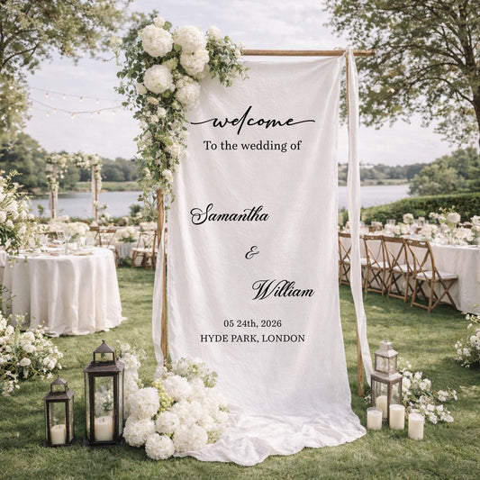 Wedding Welcome Sign Fabric Banner, Personalized Outdoor Garden Wedding Backdrop for Ceremony Entrance Decor