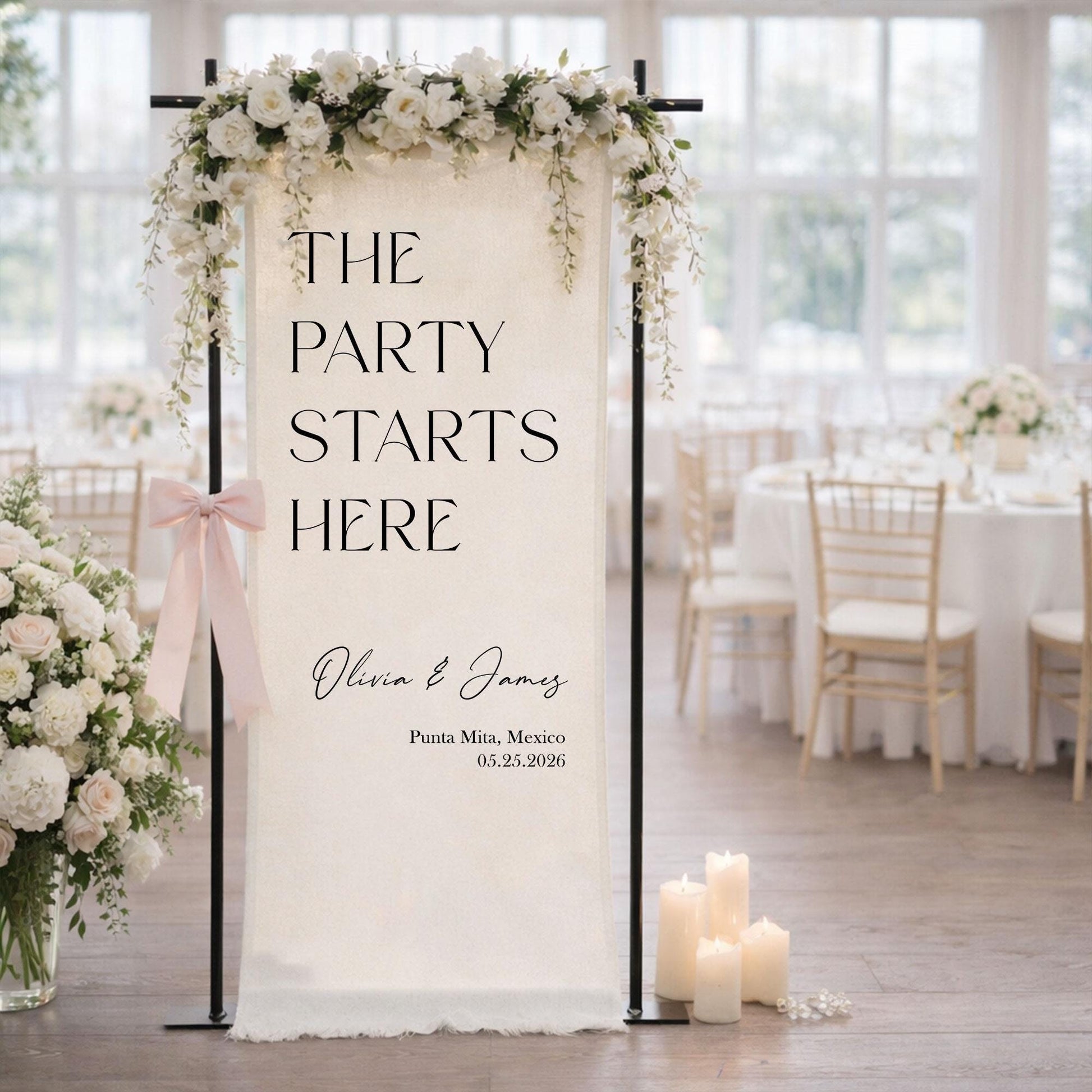 Wedding Welcome Sign Fabric Banner, The Party Starts Here Wedding Reception Sign, Personalized Ceremony Entrance Decor