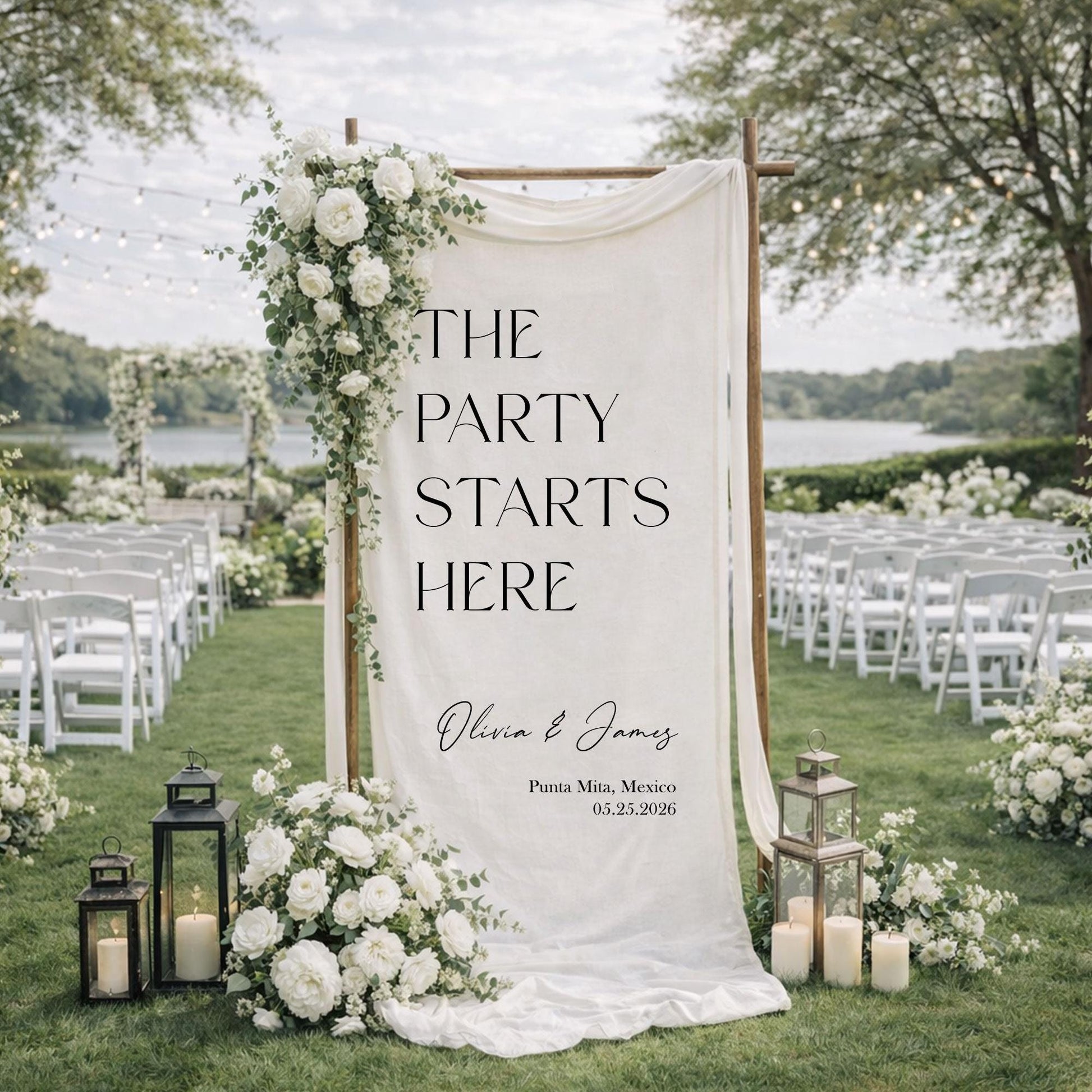 Wedding Welcome Sign Fabric Banner, The Party Starts Here Wedding Reception Sign, Personalized Ceremony Entrance Decor