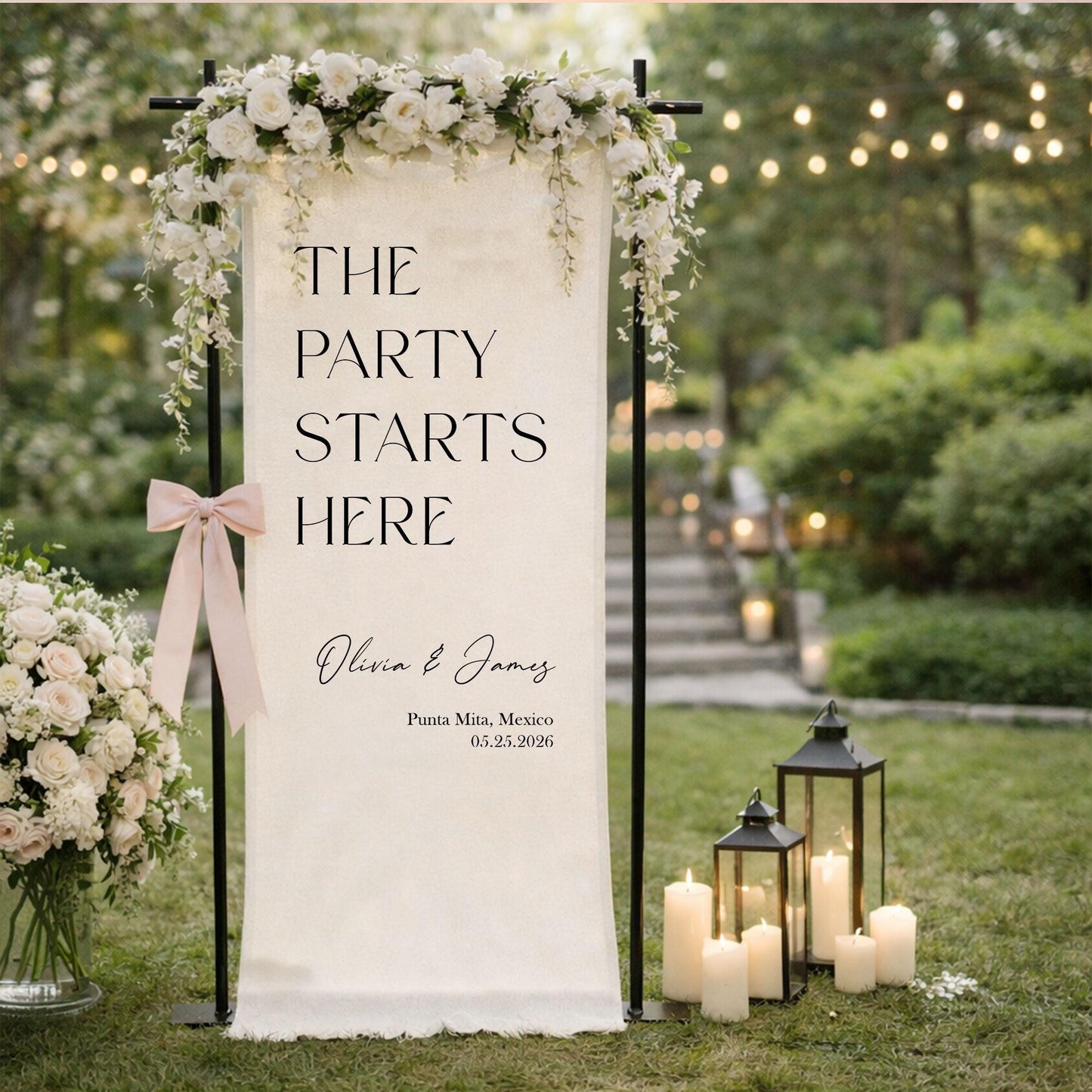 Wedding Welcome Sign Fabric Banner, The Party Starts Here Wedding Reception Sign, Personalized Ceremony Entrance Decor
