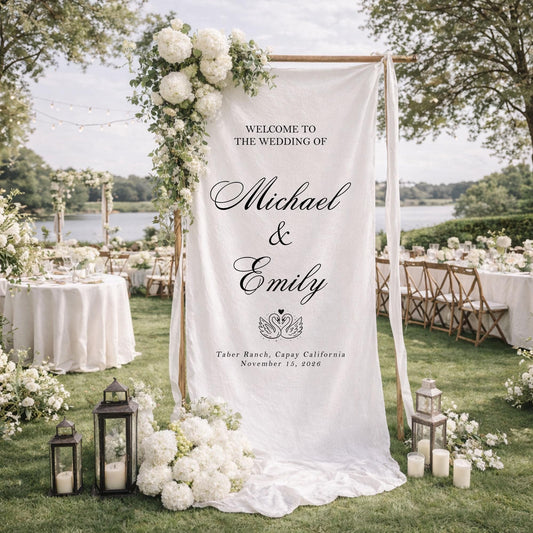 Wedding Welcome Sign Fabric Banner, Personalized Elegant Wedding Backdrop for Ceremony or Reception Entrance Decor