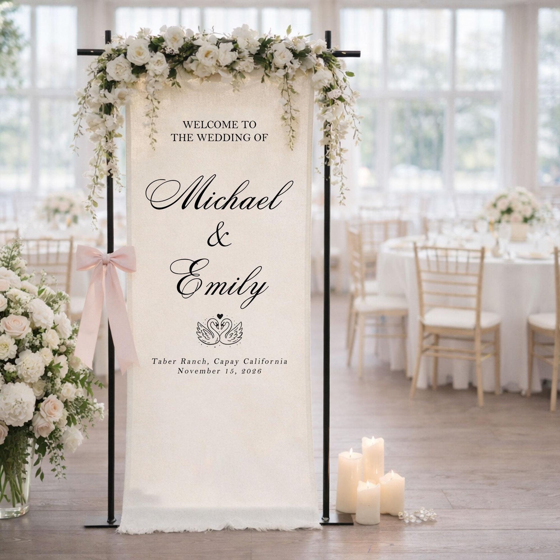 Wedding Welcome Sign Fabric Banner, Personalized Elegant Wedding Backdrop for Ceremony or Reception Entrance Decor