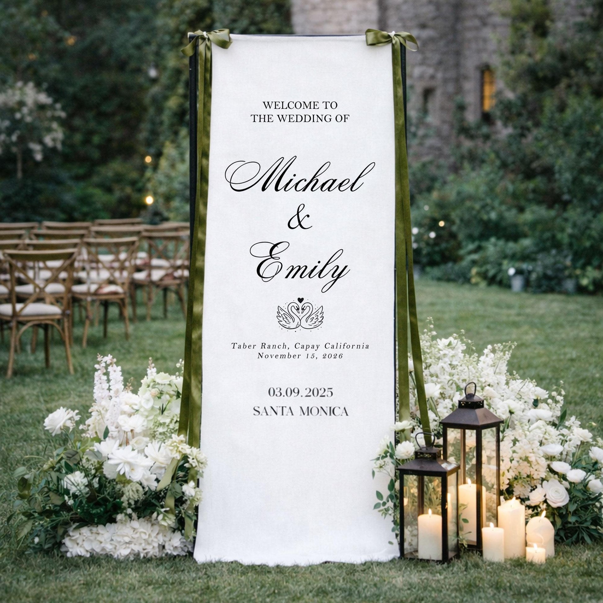 Wedding Welcome Sign Fabric Banner, Personalized Elegant Wedding Backdrop for Ceremony or Reception Entrance Decor