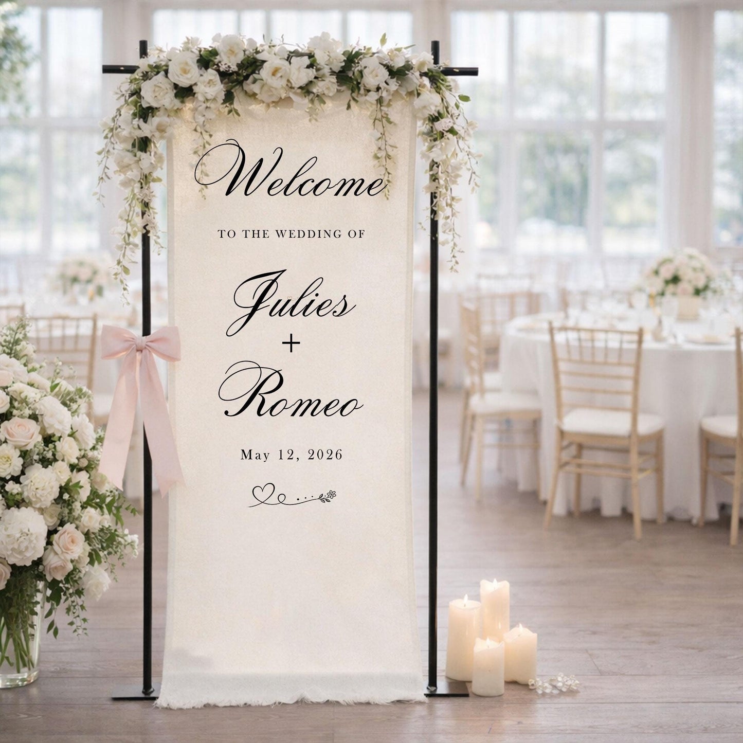 Wedding Welcome Sign Fabric Banner, Personalized Elegant Wedding Backdrop for Outdoor Ceremony or Reception Entrance
