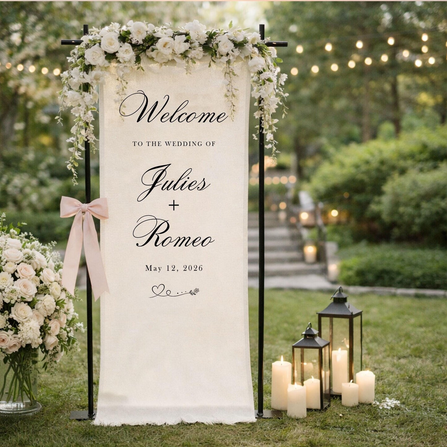 Wedding Welcome Sign Fabric Banner, Personalized Elegant Wedding Backdrop for Outdoor Ceremony or Reception Entrance