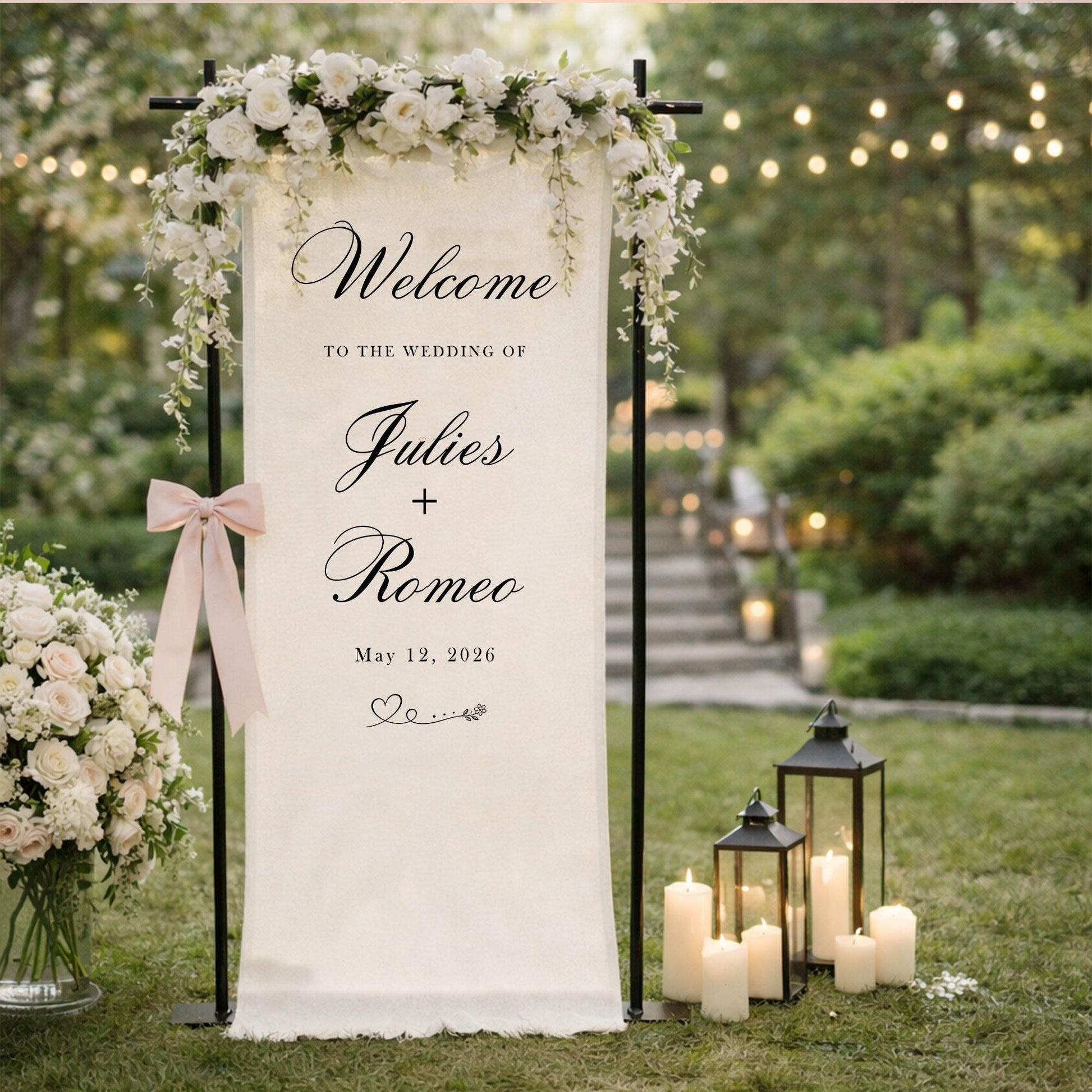 Wedding Welcome Sign Fabric Banner, Personalized Elegant Wedding Backdrop for Outdoor Ceremony or Reception Entrance