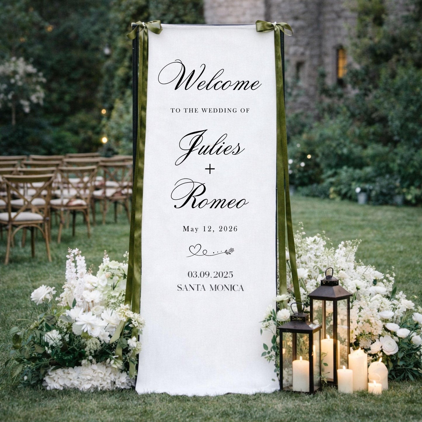 Wedding Welcome Sign Fabric Banner, Personalized Elegant Wedding Backdrop for Outdoor Ceremony or Reception Entrance