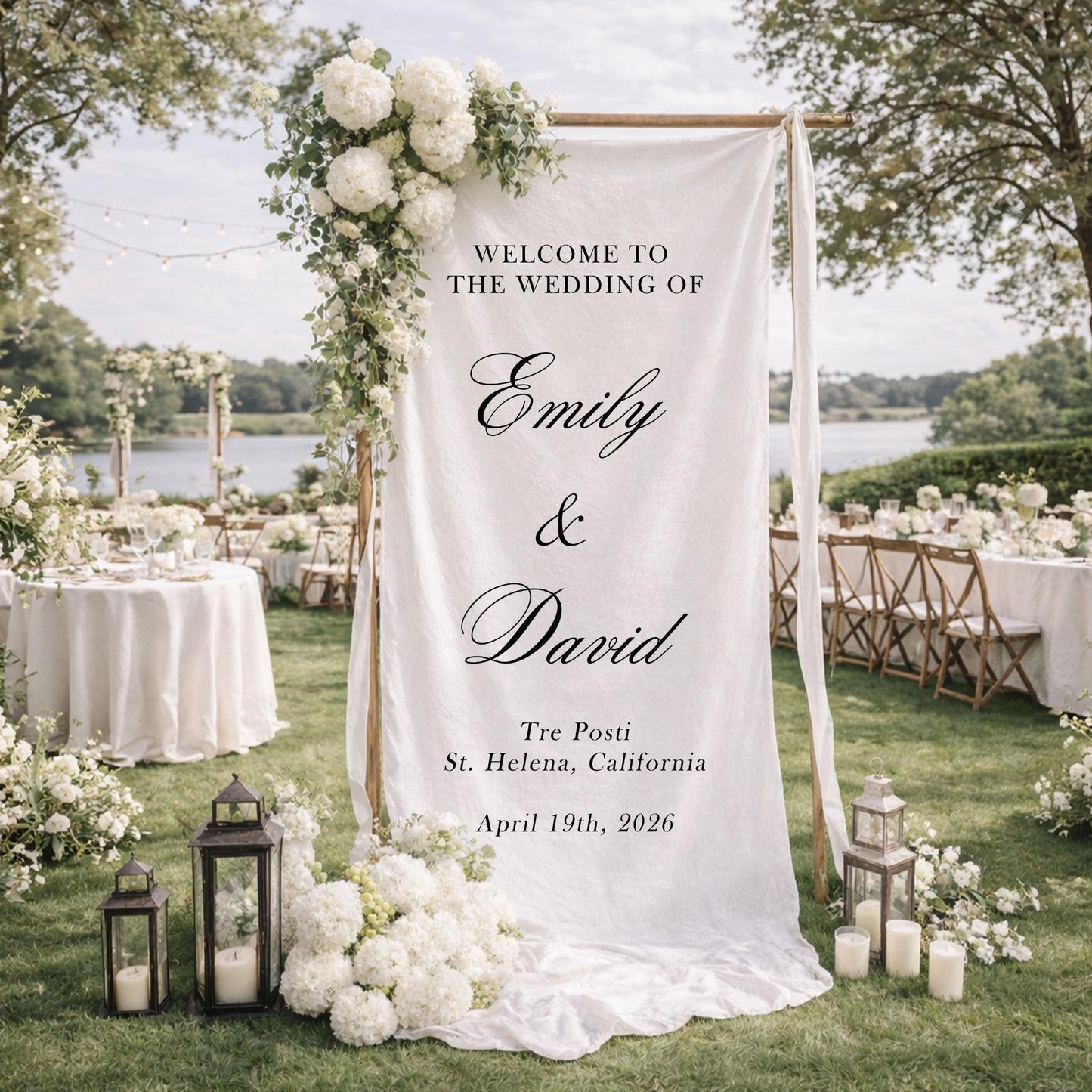 Wedding Welcome Sign Fabric Banner, Personalized Rustic Wedding Backdrop for Reception Entrance Decor, Custom Linen Sign