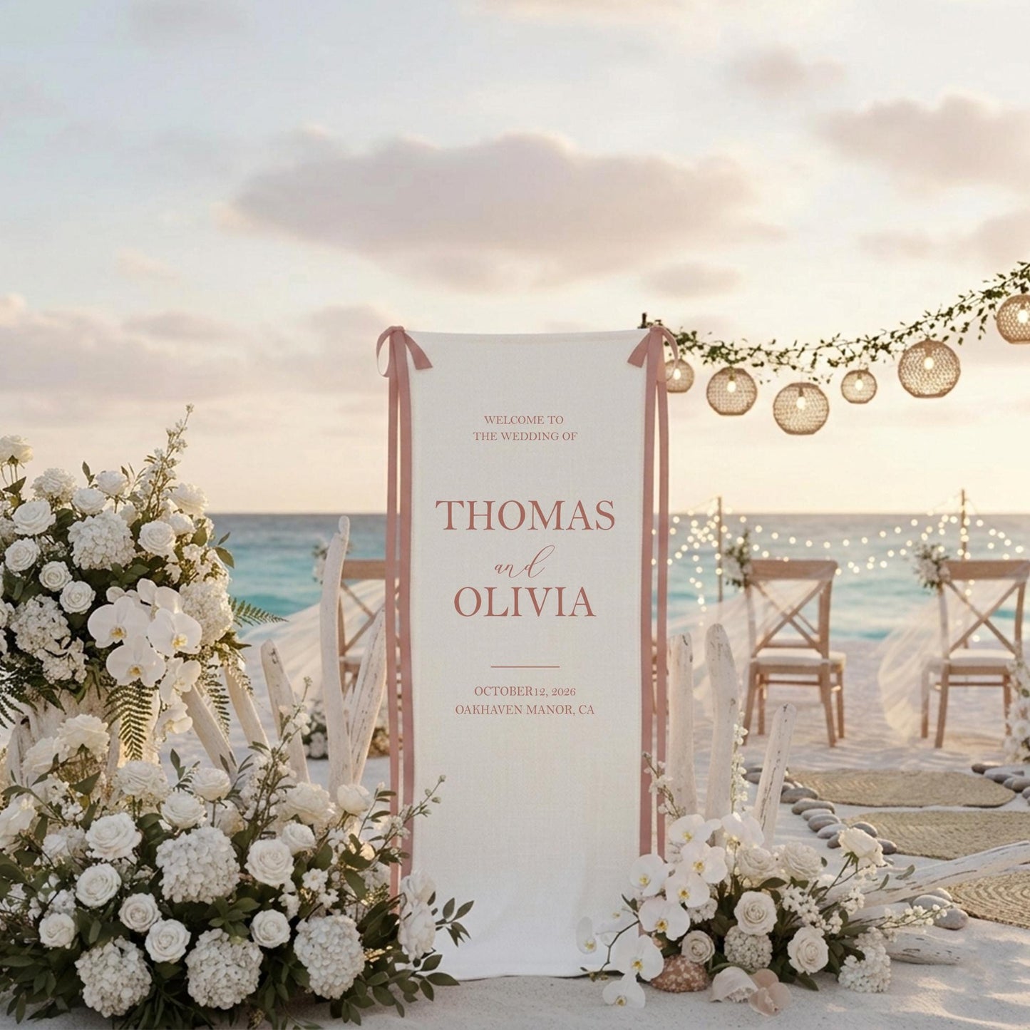 Wedding Welcome Sign Fabric Banner, Personalized Elegant Blue Wedding Backdrop, Custom Ceremony Entrance Reception Decor